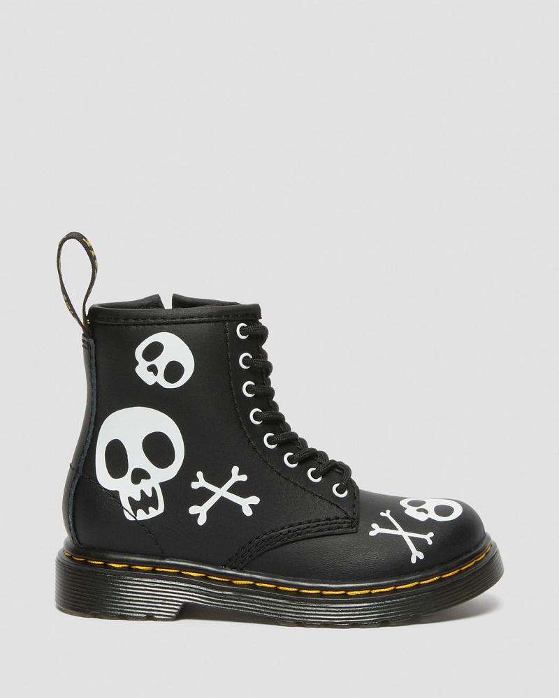 Black / White Kids' Dr Martens Toddler 1460 Skull & Bones Leather Lace Up Boots | CA 704AHK